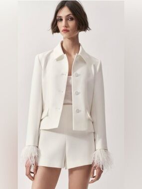 New w/ Tags Zara White Feather Sleeve 2 Button Cropped Blazer Jacket Womens S